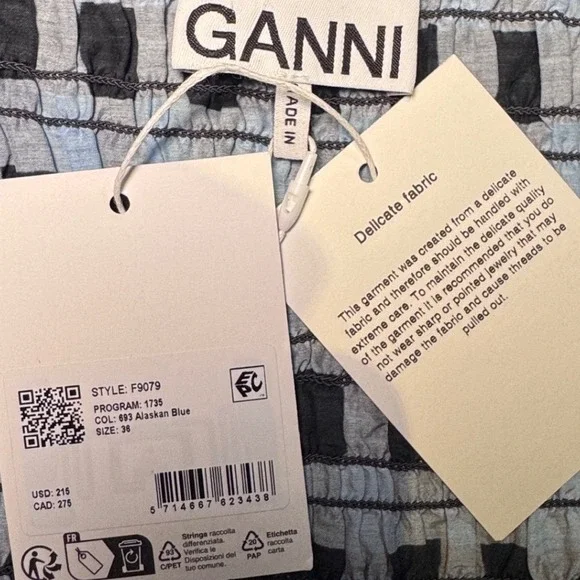 Ganni Smocked Top Puff Sleeve Checkered Blouse Alaskan Blue Button Up Size S - Picture 4 of 6